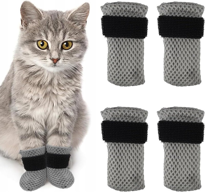 ROBOHOOK 4 PCS Cat Mittens to Prevent Scratching, Adjustable Cat Booties to Prevent Scratching, Breathable Mesh Shoes, Prevent Scratches, Suitable for Bathing, Feeding and Nail Trimming (Grey) - Image 1